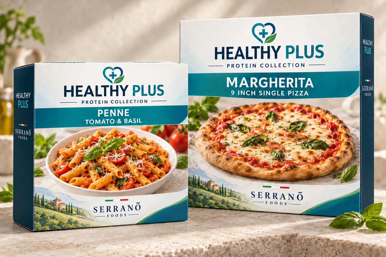 Serranõ Foods Healthy Plus protein meals and single Margherita pizza in coordinated white and teal packaging
