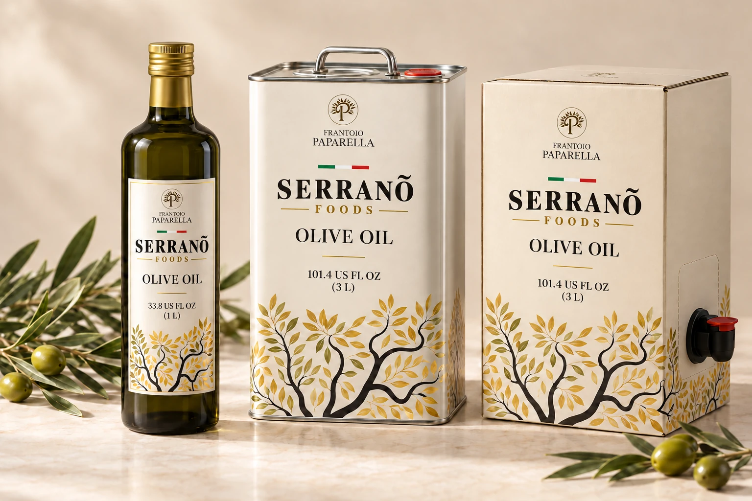 Frantoio Paparella olive oil bottle, tin and box with the Serranõ Foods logo