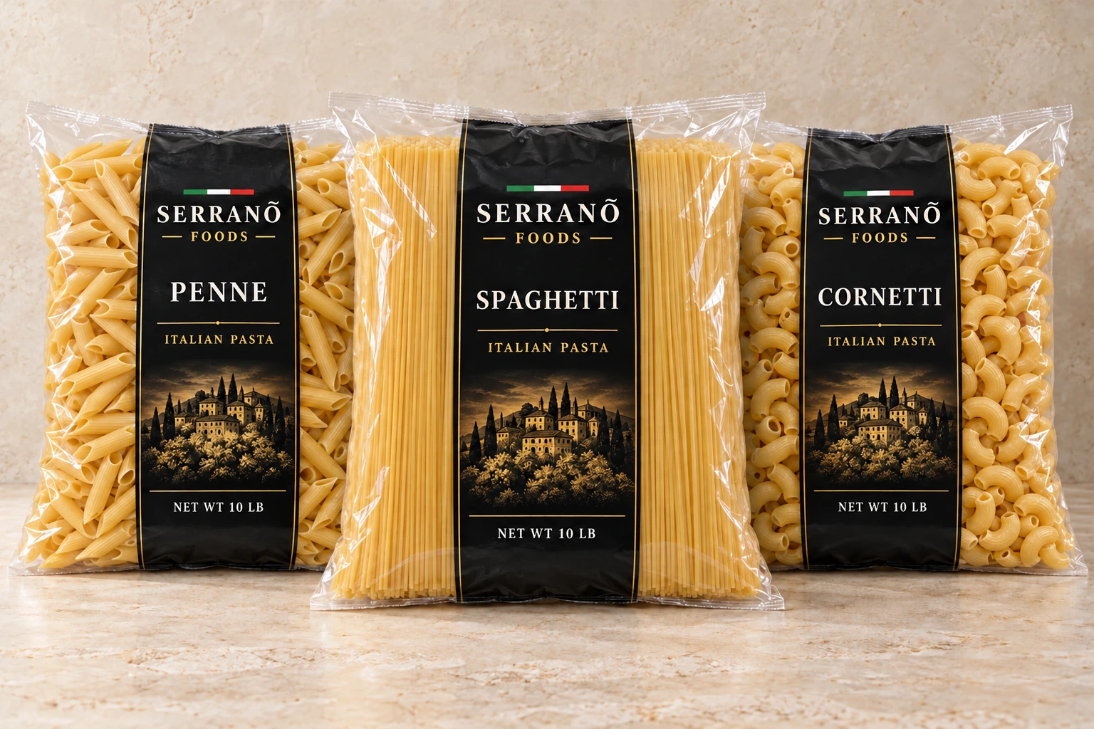 Serranõ Foods Penne, Spaghetti and Cornetti in 10 lb wholesale bags