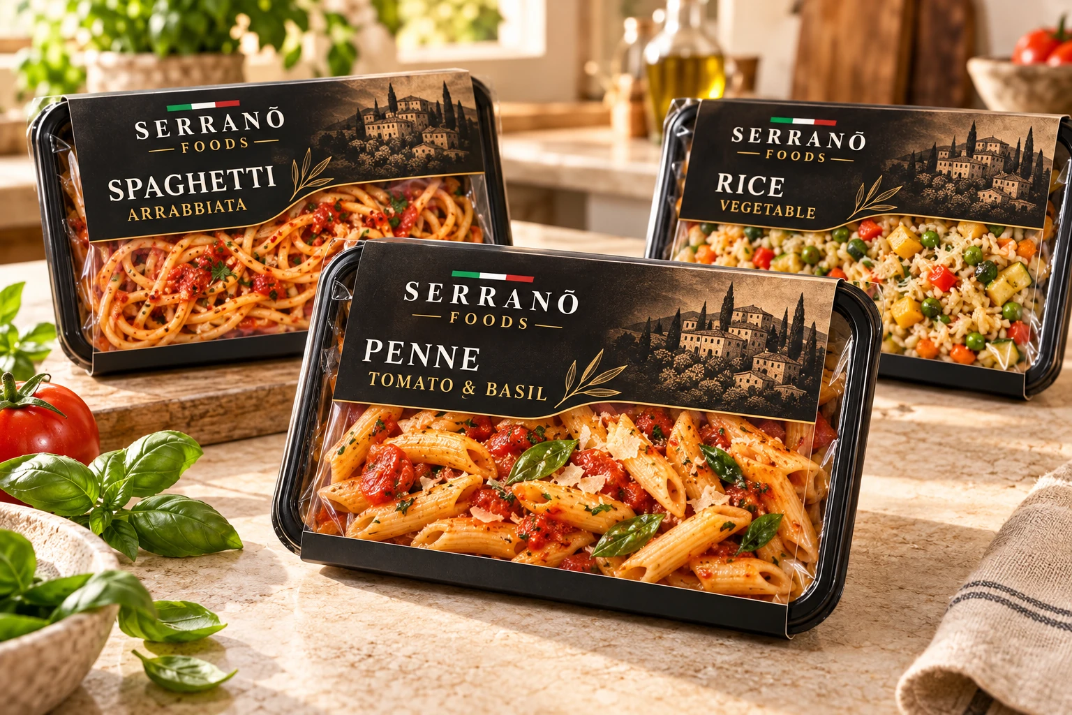 Serranõ ready-made Penne Tomato and Basil, Spaghetti Arrabbiata and Vegetable Rice